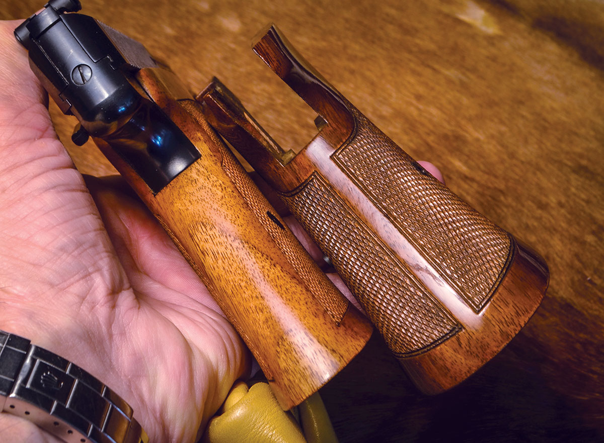 The original walnut grip (right) was extraordinarily bulky, but that was not unusual for the time. It was one of the less admirable fashions in handguns during the 1960s.